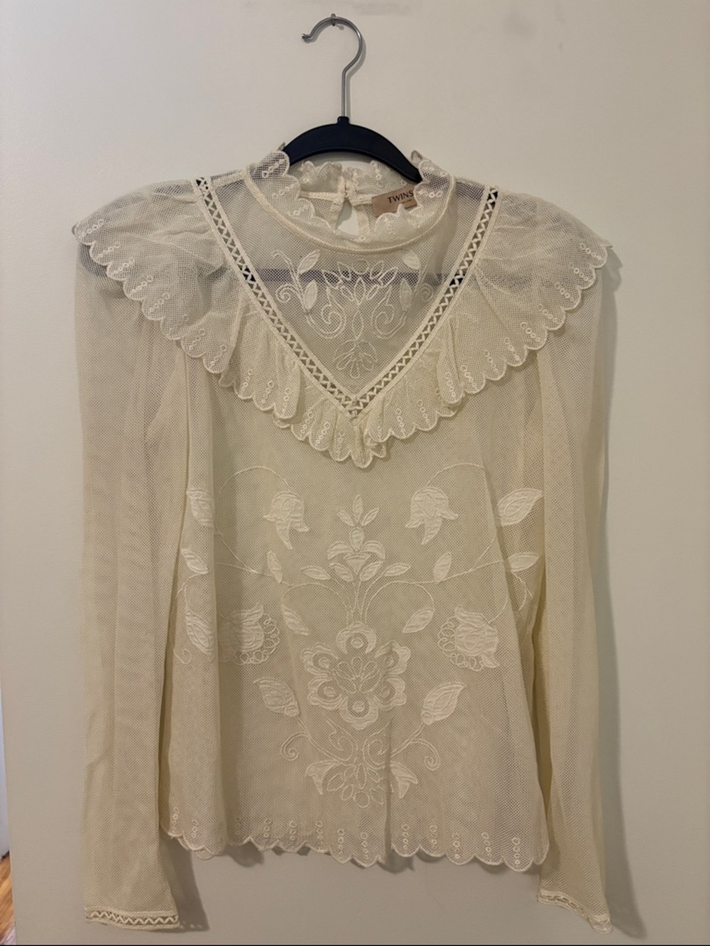 Twin-Set Cream Lace Embroidered Long-Sleeve Blouse